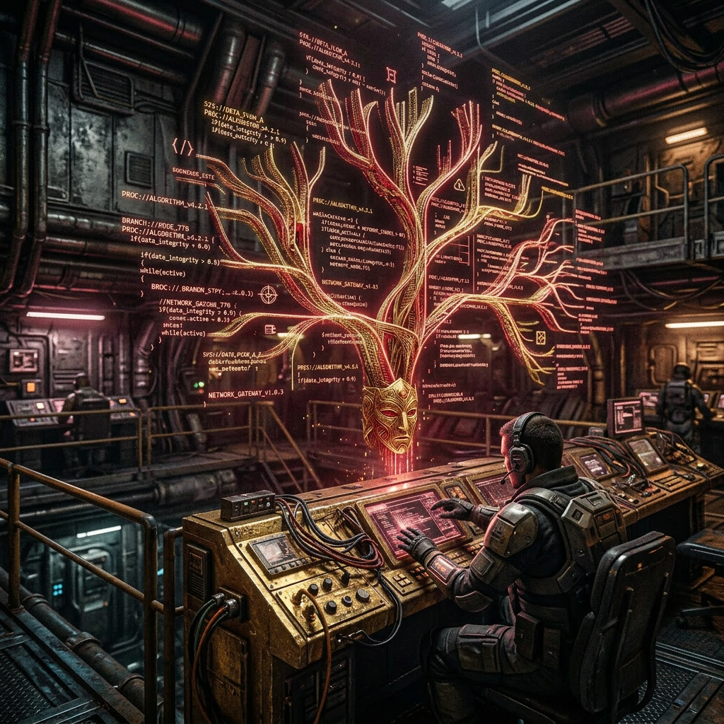 Technician interacting with transparent AI data visualization of a neural network tree in a high-tech control room